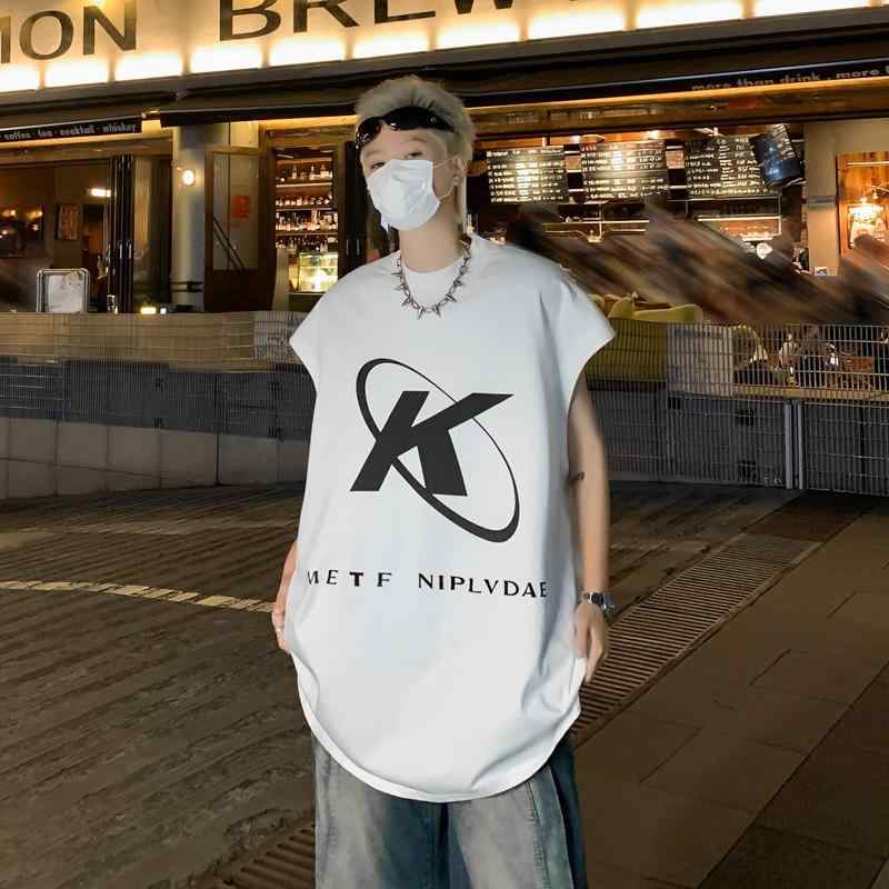 タンクトップ メンズ 男性用 アメリカン レトロ ロゴ プリント ゆったり ラウンドネック ノースリーブ トップス ブラック ホワイト 普段着 部屋着