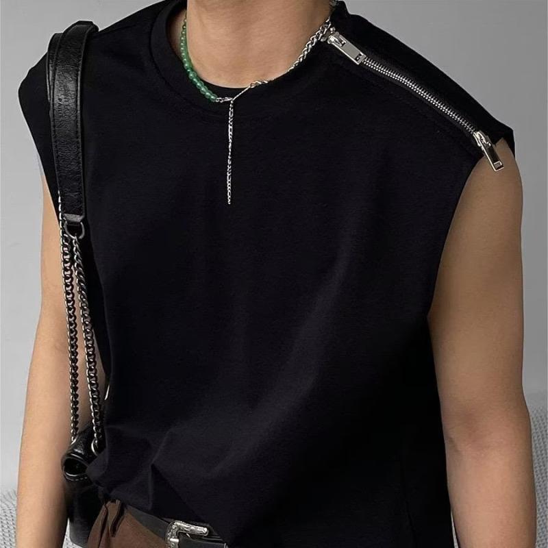 タンクトップ メンズ 綿 ノースリーブ Tシャツ カットソー メタルジッパー ラウンドネック 無地 ルーズフィット ゆったり ブラック ホワイト 韓国 カジュアル
