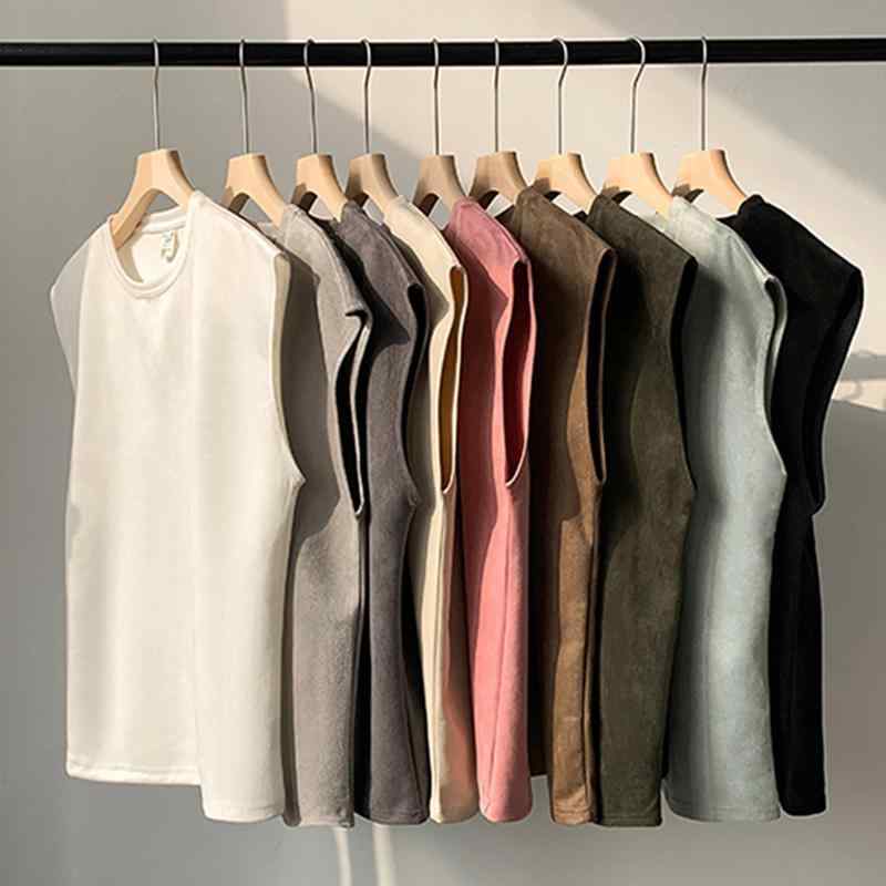Knit Sweater - Tシャツ メンズ ノースリーブ スエード調 重ね着 タンクトップ カットソー 無地 アメカジ スポーツ 運動着 杏色 ブラック ホワイト グレー ピンク グリーン ブラウン