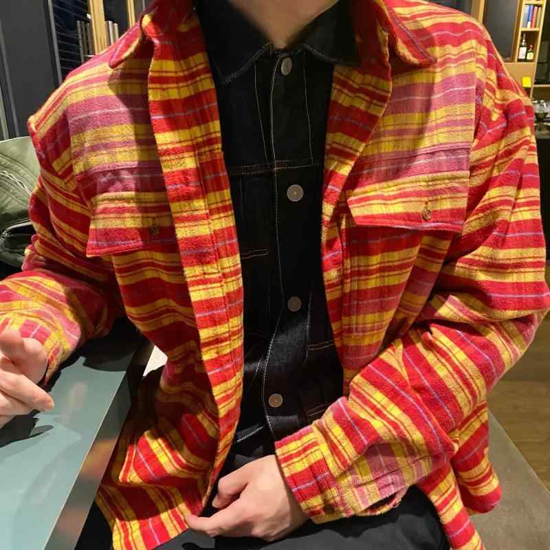 シャツ 男性用 春秋 格子柄 コットン ゆったり 長袖 トップス レッド イエロー系 レトロ 古着風