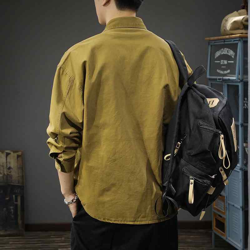シャツ メンズ 男性用 長袖 春秋 ウォッシュ加工 ミリタリー カジュアル カーキ系