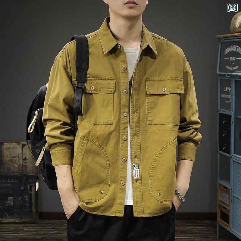 シャツ メンズ 男性用 長袖 春秋 ウォッシュ加工 ミリタリー カジュアル カーキ系 3