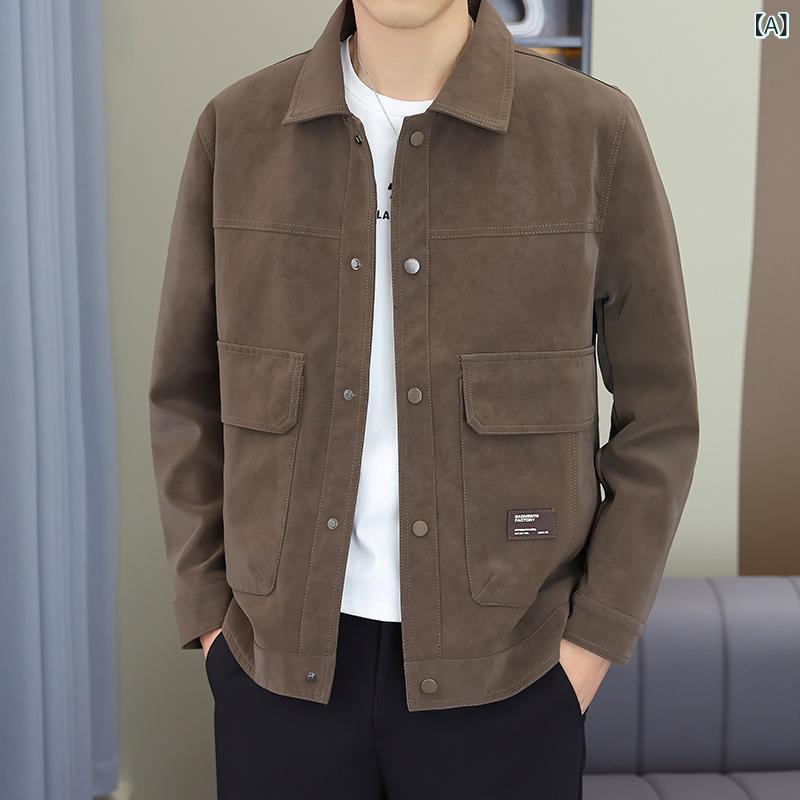 ジャケット メンズ 秋冬 アウター 襟付き コーデュロイ スタイリッシュ 薄手 ショート丈 合皮 普段使い カフェオレ