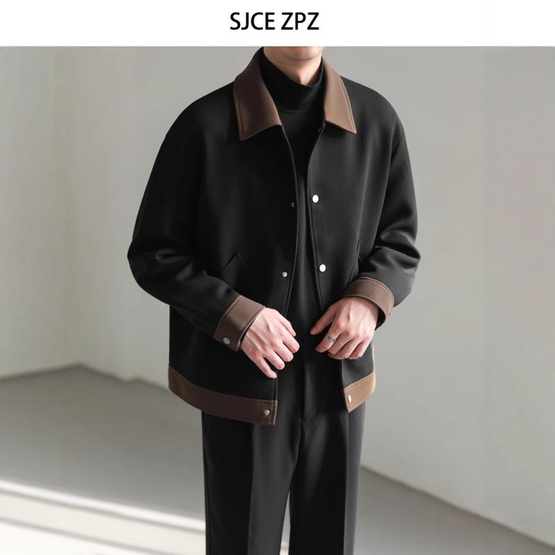 ジャケット メンズ 配色 コーデュロイ 襟付き ライトアウター 男性用 秋物 長袖 カットソー 羽織り 普段使い ゆったりシルエット ドロップショルダー 黒/茶色系