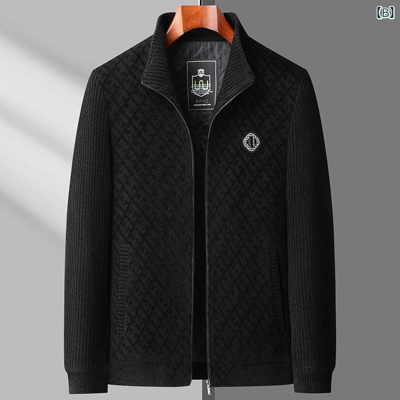 ジャケット メンズ 男性用 立襟 ウール 厚手 防寒 アウター シニア 紳士服 グレー 黒 茶色 コーデュロイ