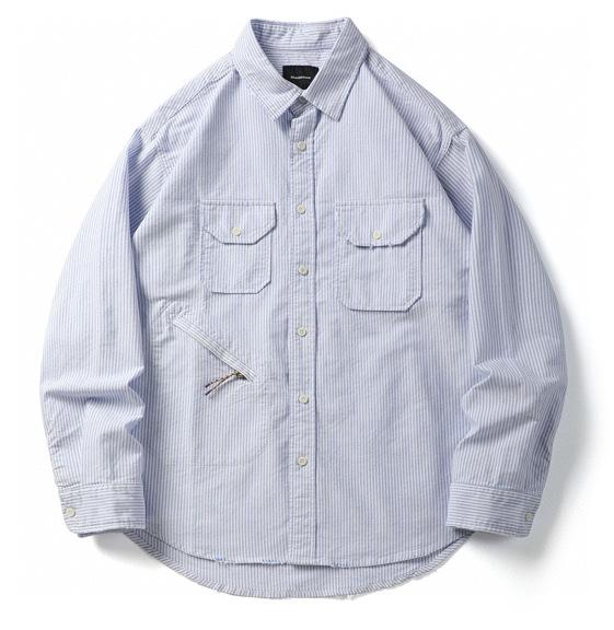Long-Sleeve （Shape Holding） - シャツ メンズ 男性用 オックスフォードシャツ 綿 ストライプ 長袖 ワークシャツ 普段使い ブルーストライプ ホワイト ブルー(x2)