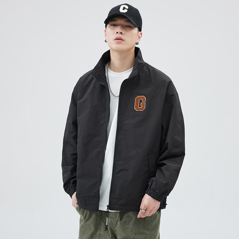 ジャケット 男性用 アウター 防風 長袖 ブルゾン 春秋 大きいサイズ ゆったりサイズ 無地 スタンドカラー ポケット コットン 黒 カーキ ベージュ