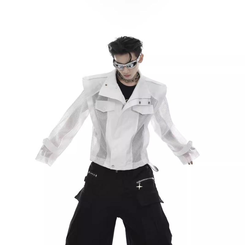 シャツ メンズ 薄手 メッシュ 切り替え パンク 豪華感 日常着 ジャケット ポリエステル 黒