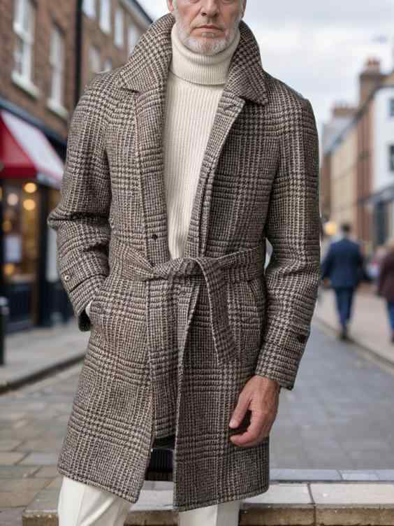 コート メンズ 男性用 ウール 格子柄 ミドル丈 厚手 裏地付き 秋冬 カジュアル ビジネス 紳士