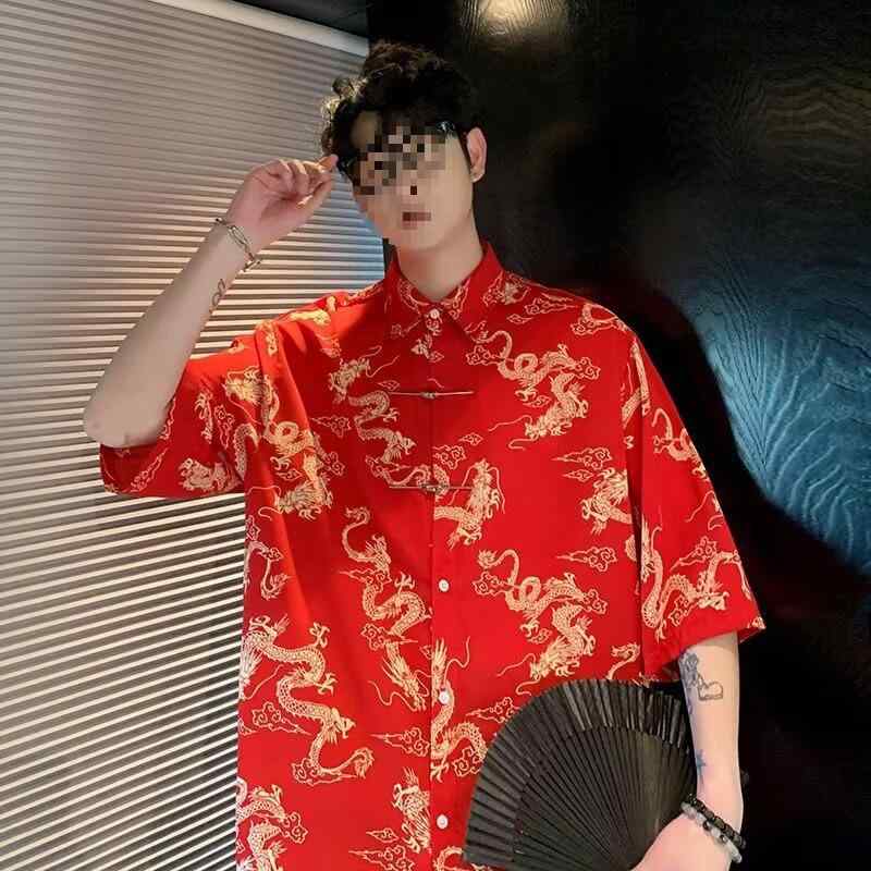 シャツ メンズ 男性用 黒 ゴールド ドラゴン 唐装 チャイナ風 半袖 ポリエステル 薄手 中国風 トップス 赤