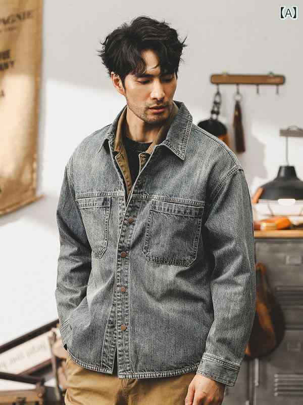 デニムジャケット メンズ ウォッシュ加工 リラックスフィット 長袖 ブルゾン Gジャン ライトアウター 春秋 コットン ブルー