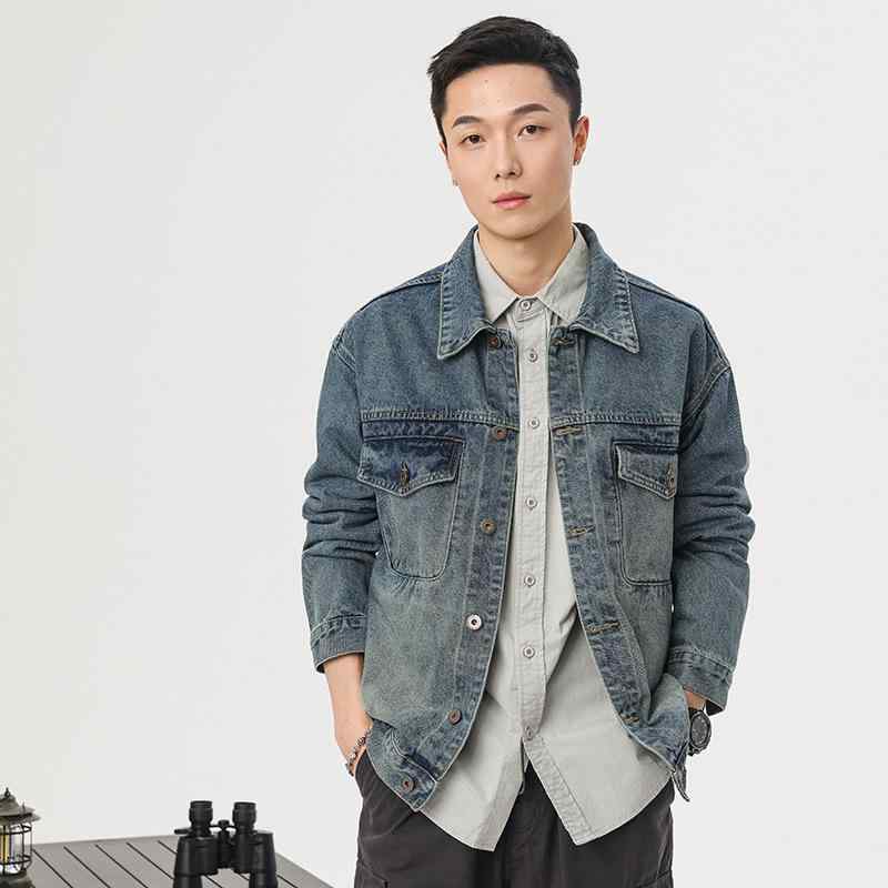 ジャケット 男性用 デニムジャケット 春物 古着風 襟付き ダブルポケット ゆったりサイズ カジュアル ストリート ブルゾン ライトブルー 大きいサイズ