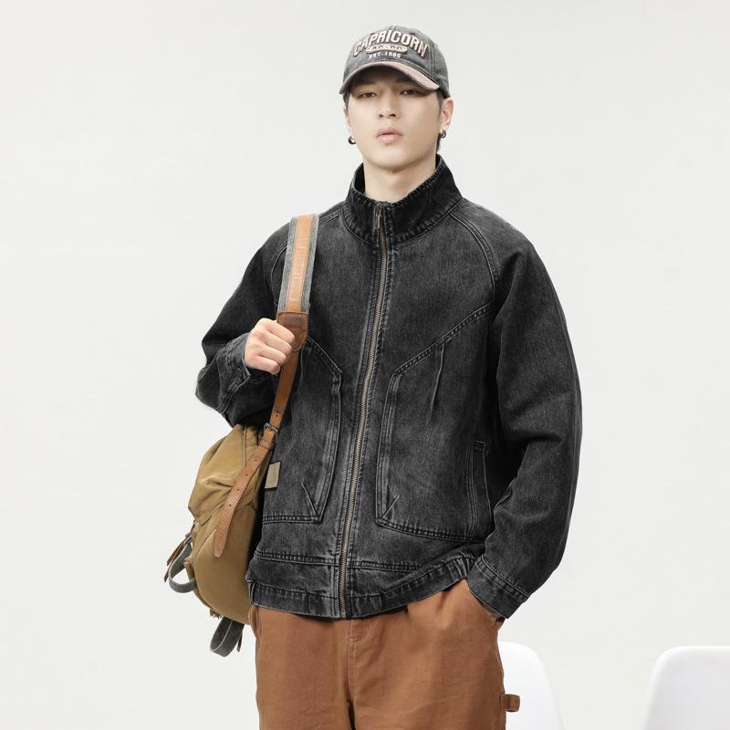 ジャケット メンズ 男性用 デニム Gジャン 配色 切り替え レトロ 古着風 ウォッシュ加工 スタンドカラー ブルゾン ゆったり ブラック