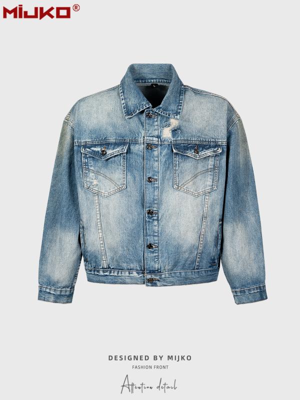 Rakuten - ジャケット 男性用 ウォッシュ加工 ダメージ デニム ルーズフィット Gジャン ブルゾン 綿 青