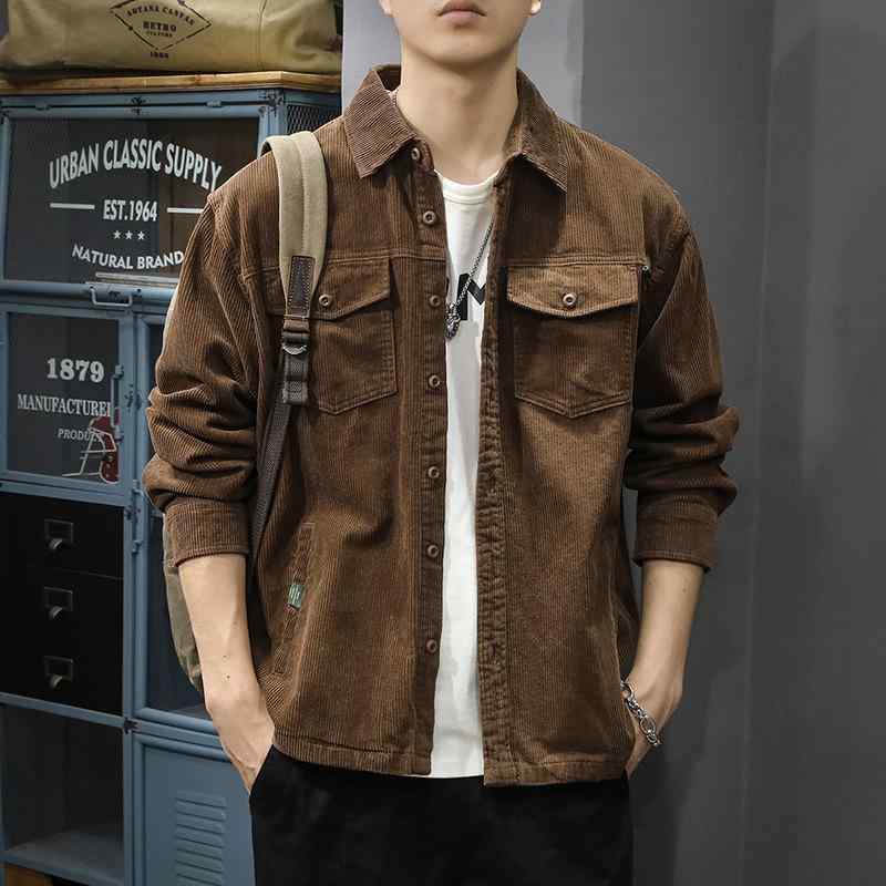 ジャケット 男性用 コーデュロイ 襟付き シャツスタイル ブルゾン 春秋物 ゆったりめ 無地 長袖 ドロップショルダー フロントボタン 普段使い
