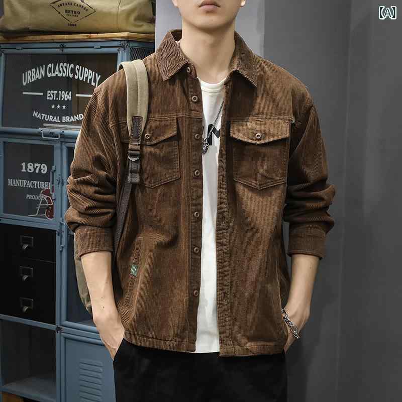 ジャケット 男性用 コーデュロイ 襟付き シャツスタイル ブルゾン 春秋物 ゆったりめ 無地 長袖 ドロップショルダー フロントボタン 普段使い 2