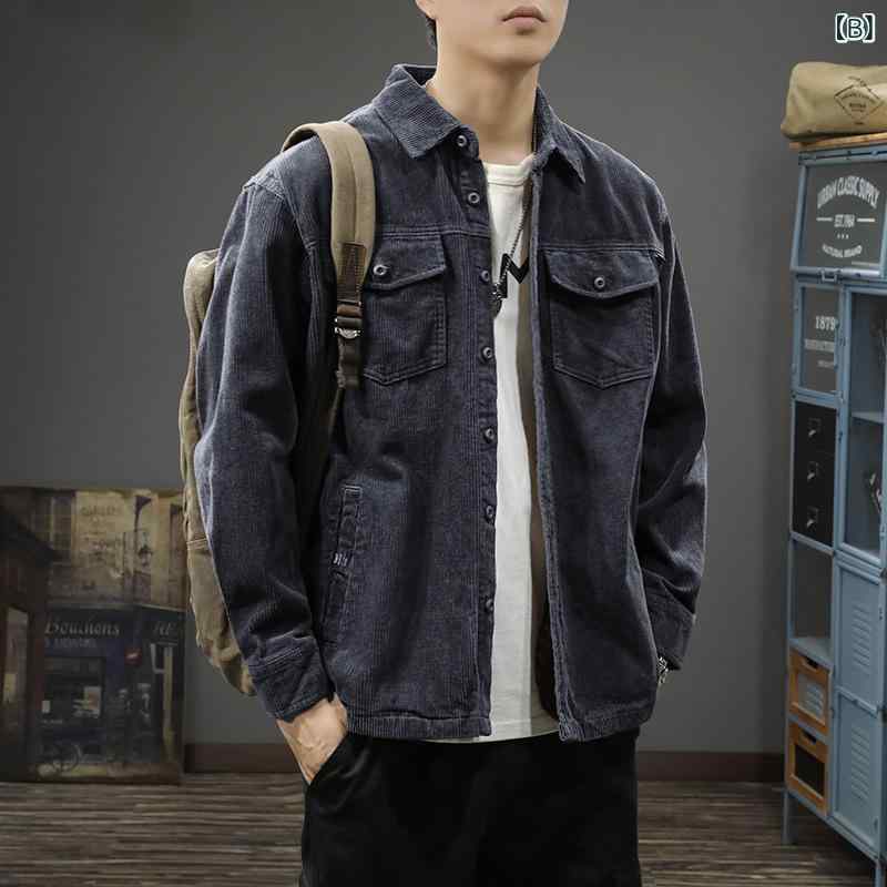 ジャケット 男性用 コーデュロイ 襟付き シャツスタイル ブルゾン 春秋物 ゆったりめ 無地 長袖 ドロップショルダー フロントボタン 普段使い 3