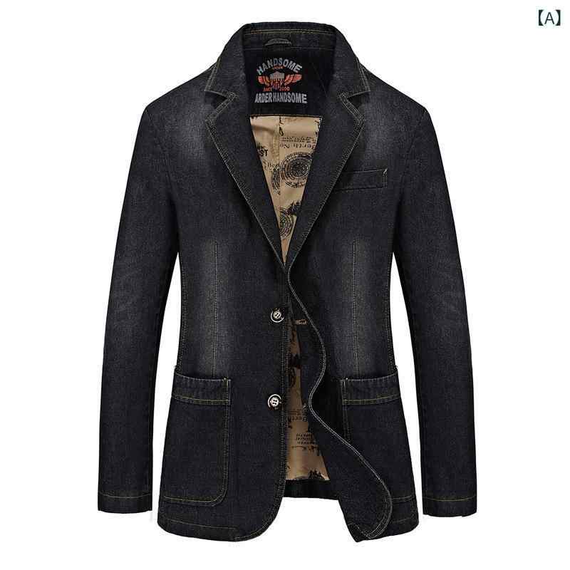 ジャケット メンズ デニム テーラードジャケット 男性用 コットン 秋物 無地 ブラック ブルー M L XL 2XL 3XL 4XL(x2) 2