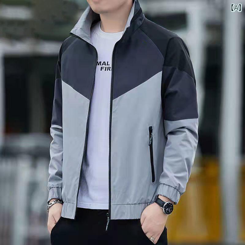 ジャケット メンズ 男性用 立ち襟 アウター ブルゾン ジャンパー ポリエステル 普段使い カジュアル スタイル ライトグレー ブラック ネイビー M L XL 2XL 3XL 4XL 5XL 秋冬