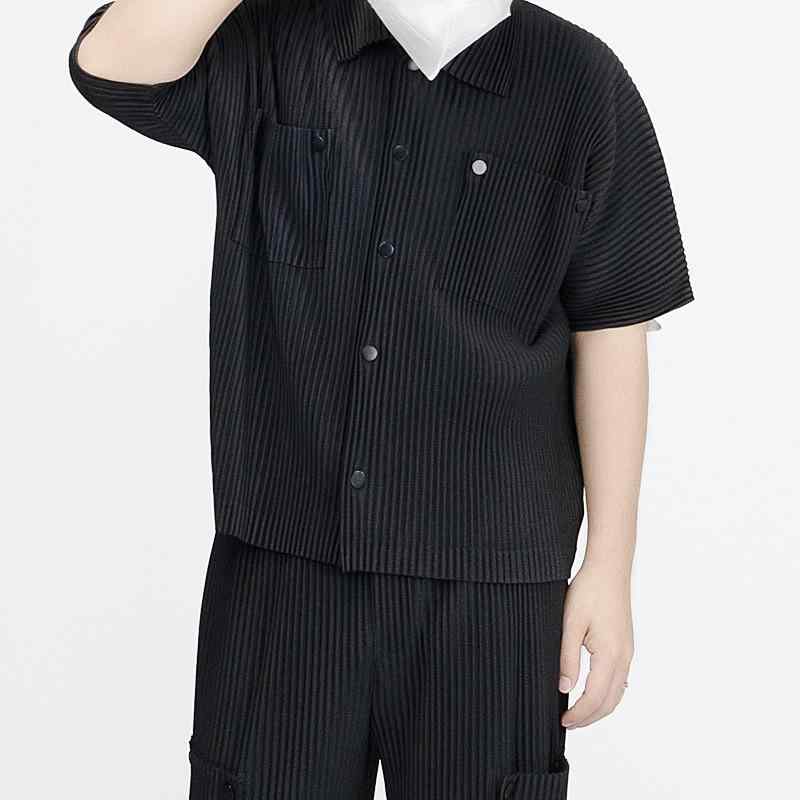 シャツ メンズ 男性用 半袖 プリーツ 接触冷感 ポリエステル トップス ジャケット カジュアルシャツ レトロ 日本風 ブラック グレー 春夏