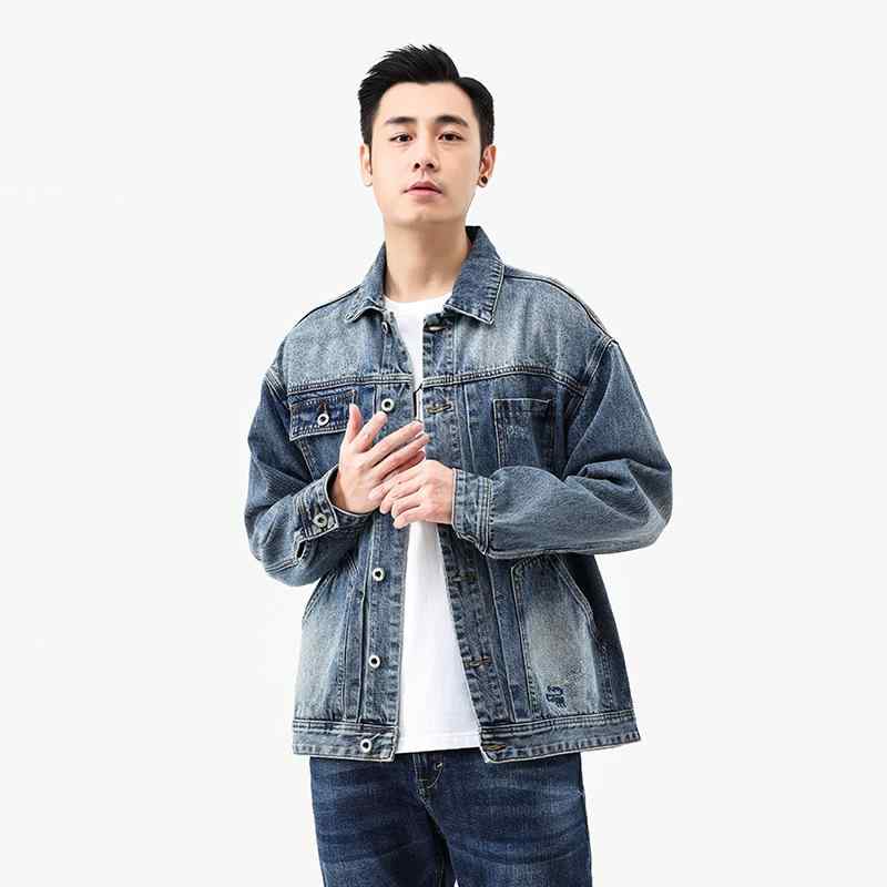 ジャケット 男性用 デニムジャケット 春物 レトロ ウォッシュ加工 耐摩耗 長袖 ルーズフィット 立襟 ダークブルー