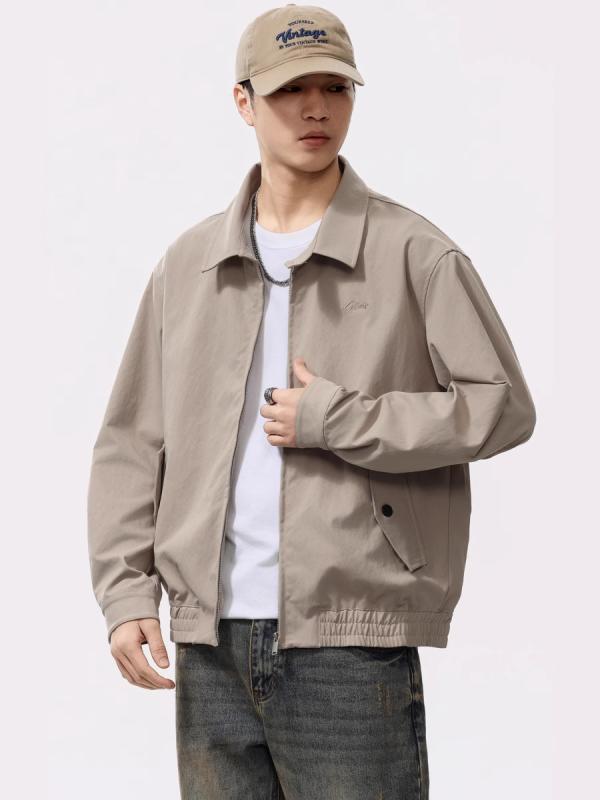 ジャケット 男性用 ブルゾン 立ち襟 ショート丈 ポリエステル 無地 ブラック レッド系 ベージュ カジュアル スプリングアウター(x2)