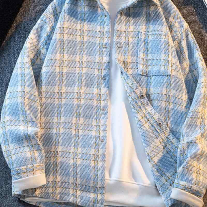 ジャケット 男性用 チェック柄 コットン混紡 ゆったり カジュアル 耐摩耗 長袖 襟付き ライトブルー 紺色 レッド ブラック ホワイト M L XL 2XL 3XL 春秋