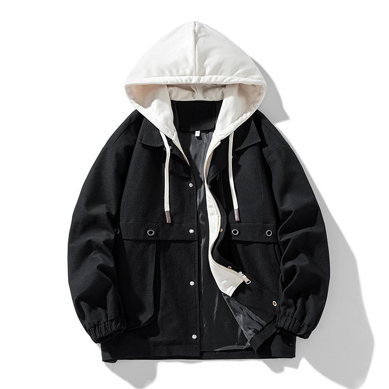 ジャケット 男性用 パーカー 春秋 国潮 ストリート系 ドロップショルダー ビッグシルエット ゆったり ポリエステル 黒 ブラック 白 オフホワイト 緑 グリーン カーキ・商品カテゴリ: ジャケット・スタイル: 国潮・対象年齢: 18-24歳・襟型: 襟なし・フィット: ルーズ・フロント: シングルブレスト・フード: あり・・素材: ポリエステル繊維・素材構成: ポリエステル・裏地: ポリエステル・裏地構成: ポリエステル・シーン: 日常・ディテール: ポケット装飾・裾: ストレート・加工: アイロン不要・着丈: レギュラー丈・ポケット: 立体パッチポケット・着用方法: アウター・袖丈: 長袖・袖: レギュラー袖・カラー: ブラック, ホワイト, ライトグリーン, ダークカーキ・サイズ: M, L, XL, XXL, 3XL, 4XL, 5XL, 6XL, 7XL, 8XL・対象: 青少年, 成人・性別: 男性