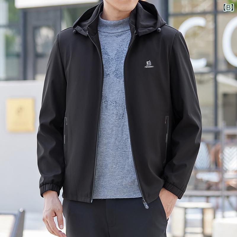 ジャケット メンズ 男性用 春秋 アウター 長袖 ブルゾン ジャンパー フード付き 防風 撥水 ミドルエイジ 普段使い 軽作業着 ハーグリーン ブラック