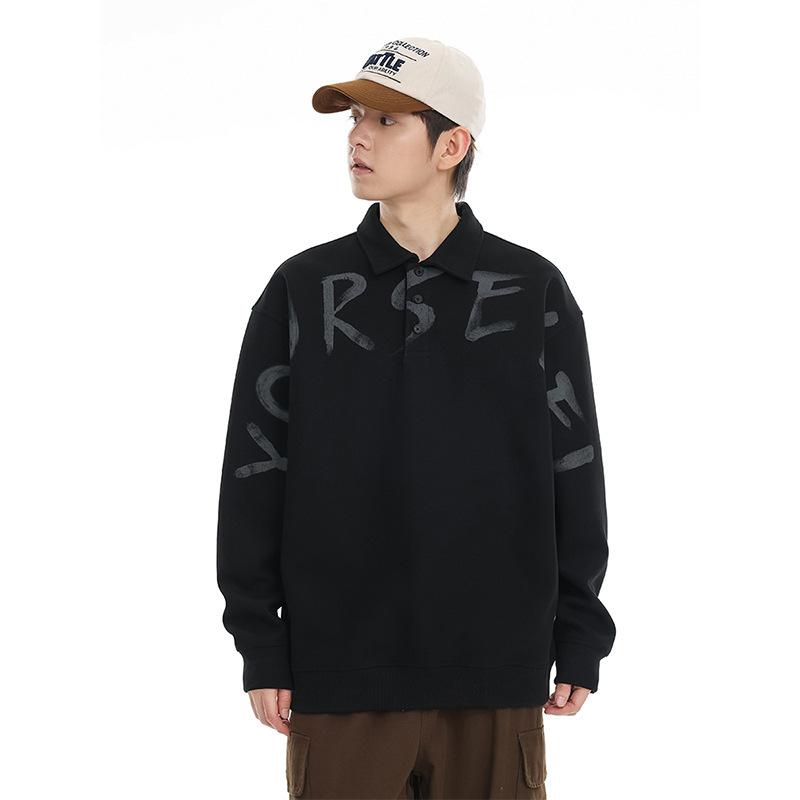 Parka - スウェット メンズ 秋冬物 オープンカラー 襟付きロゴプリント ブラック系 ゆったりサイズ トップス 春秋 カジュアル