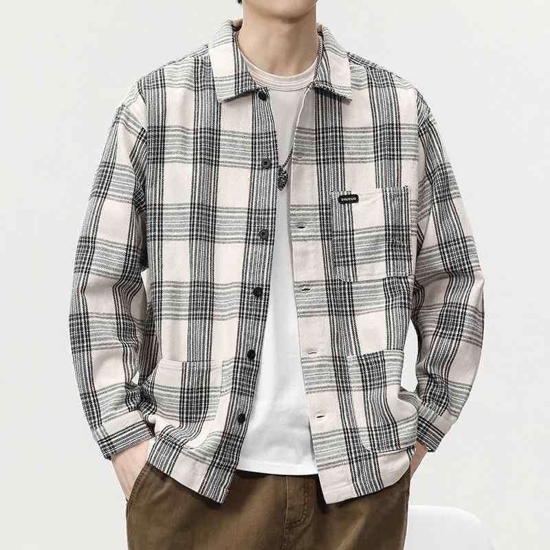 シャツ メンズ 格子柄 コットン 長袖 カジュアル ワークスタイル トップス M L XL 2XL 3XL ホワイト コーヒー色 グリーン