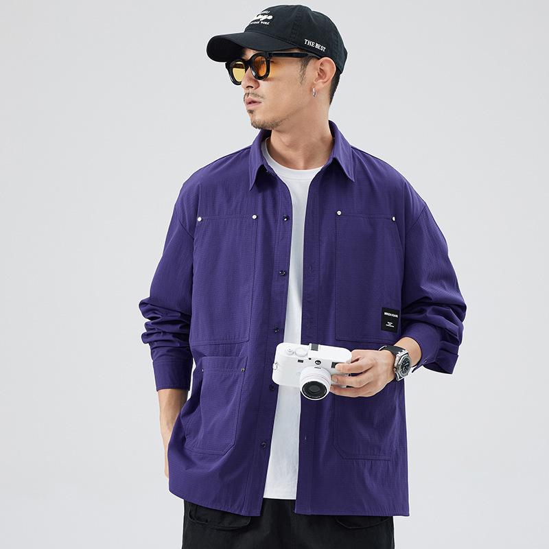 シャツ メンズ 長袖 ワークシャツ 無地 スリムフィット 翻 Collar ポリエステル混紡 春秋 カジュアル ..