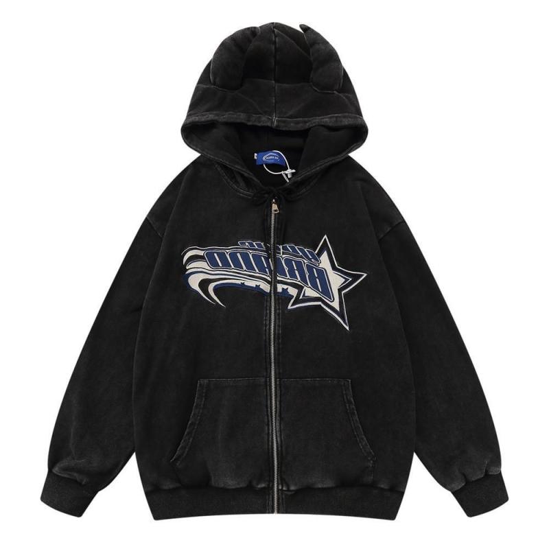 パーカー メンズ ストリート系 ゆったり ロゴ 刺繍 アップリケ ジップアップ フーディ 春秋 コットン 黒