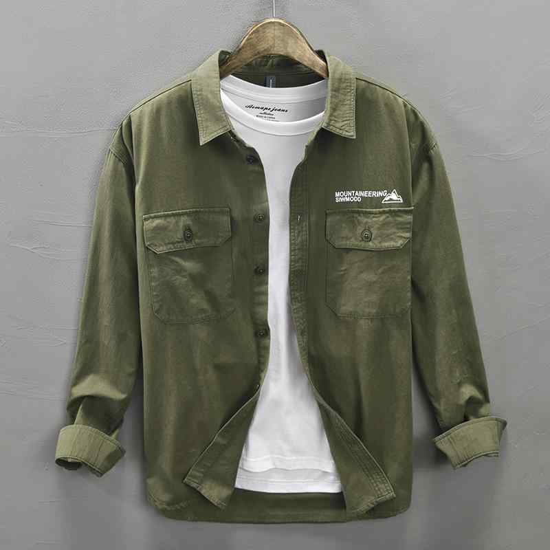 シャツ メンズ 男性用 長袖 コットン トップス 翻襟 無地 ポケット付き ブラック 軍緑 灰青 レンガ色 ..