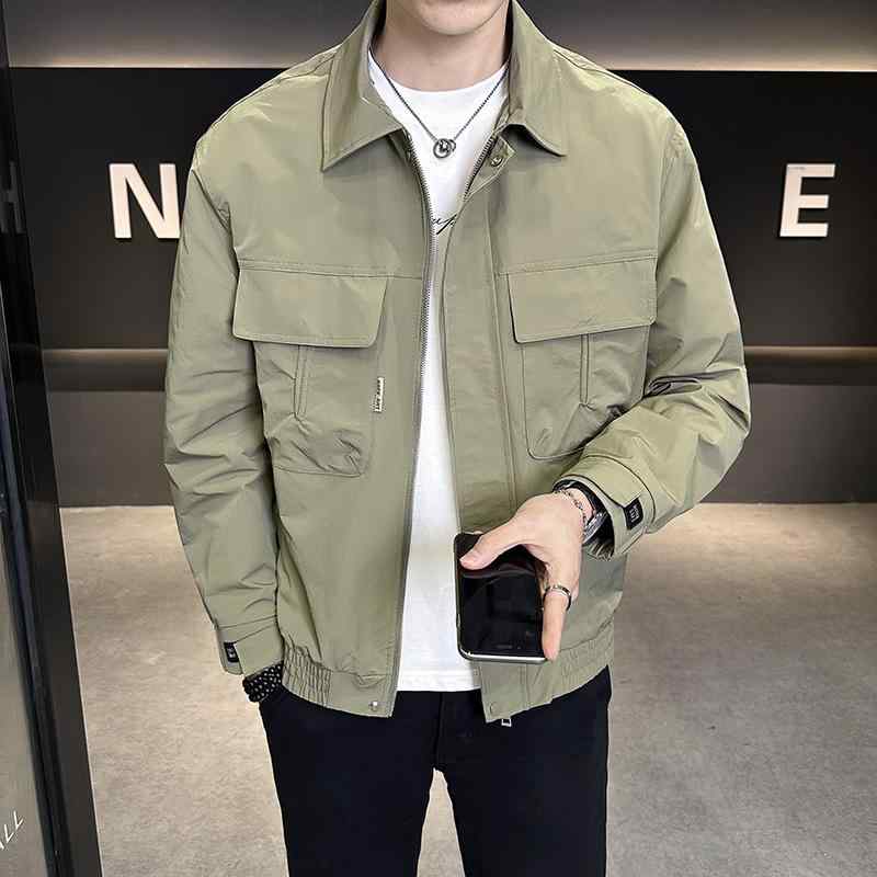 ジャケット メンズ 男性用 春秋 アウター カジュアル ブルゾン ワークジャケット 無地 襟付き ポリエステル ブラック