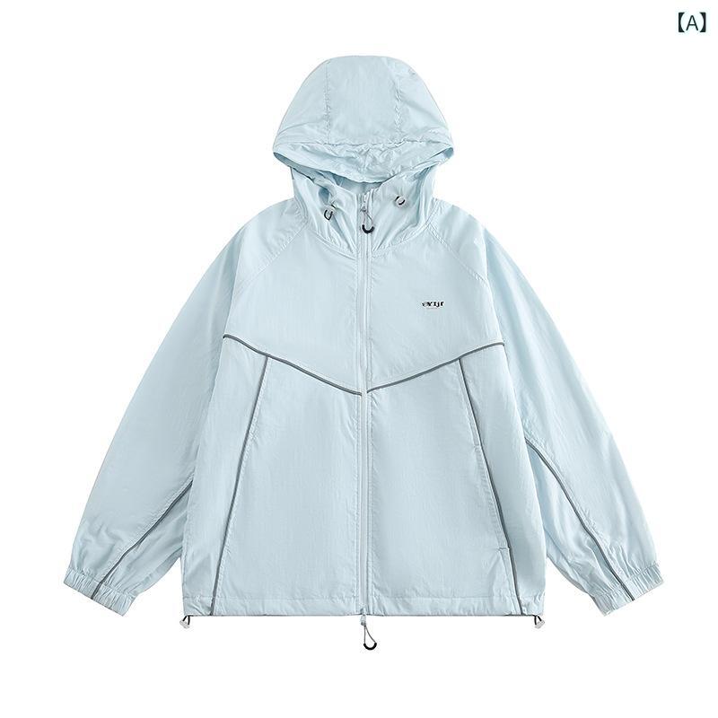 UVカットパーカー メンズ 薄手 ナイロン フード付き 接触冷感 アウトドア スポーツ ウェア ライン カジュアル スタイル 春夏 グレー ピンク系 ブルー ベージュ ワインレッド