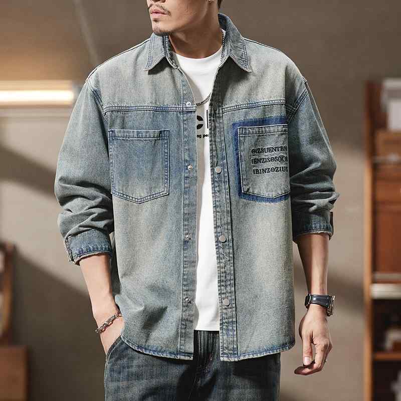 Rakuten - ジャケット メンズ 大きいサイズ 男性用 デニム ウォッシュ加工 Gジャン アメカジ 泥黄色 レトロ 刺繍 コットン 綿 普段着 春秋