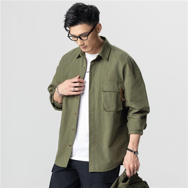 Long-Sleeve （Shape Holding） - シャツ メンズ 男性用 ワークシャツ ジャケット コットン カーキ ブラック 黒 軍緑 ミリタリー 長袖 襟付き ワークウェア ライトアウター ブルゾン 羽織り ルーズ ゆったり 大きいサイズ 春秋
