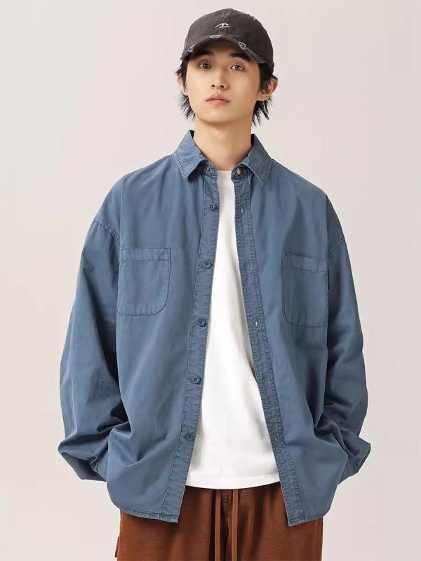 シャツ メンズ 男性用 トップス レトロ コットン 長袖 春秋 カジュアル 開襟シャツ 墨藍色 粉霜 濃緑 ..