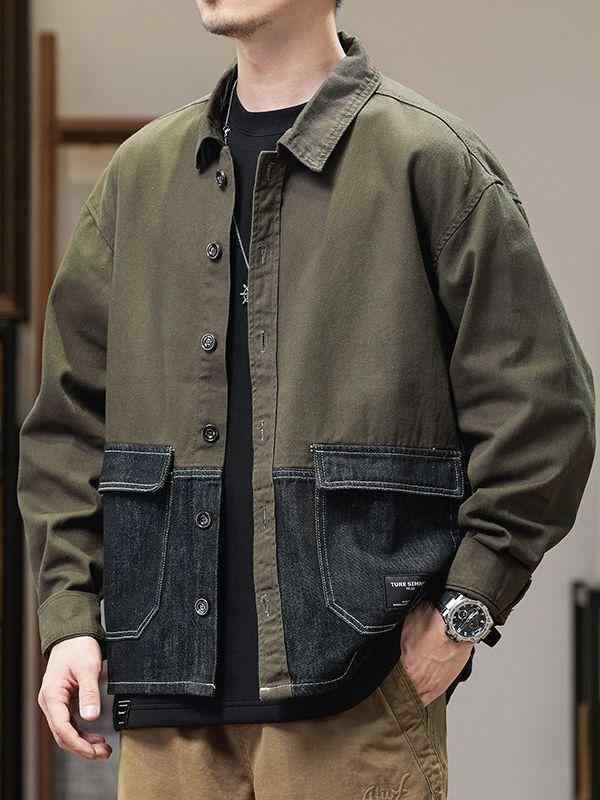 ジャケット 男性用 大きいサイズ デニム 春秋 宽松 アウター 切り替え アメカジ カーキ 軍緑 黒 白