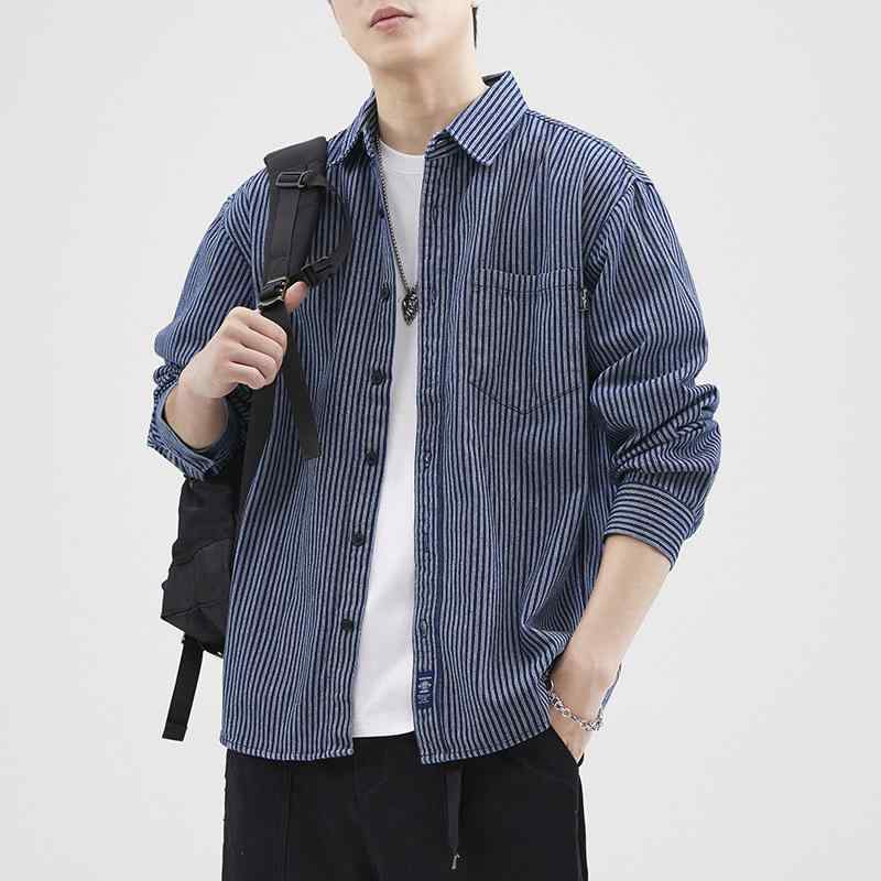 シャツ メンズ 長袖ワークシャツ ブルーストライプ柄 コットン混紡 開襟シャツ ルーズフィット アウト..