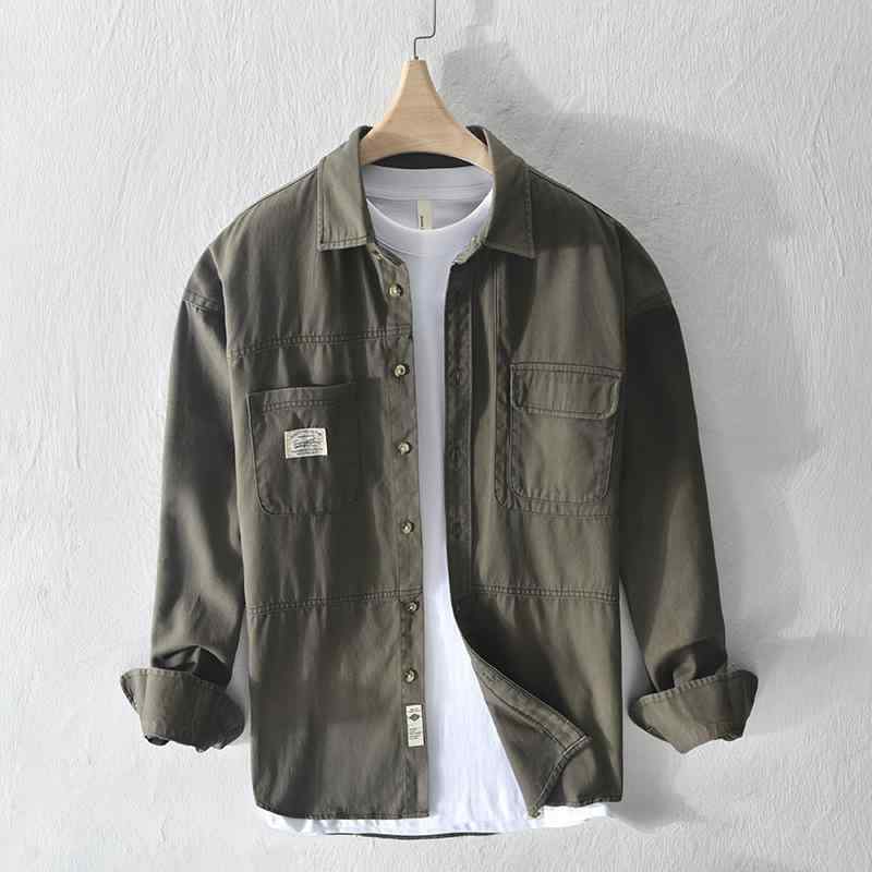 シャツ 男性用 長袖 コットン トップス ドロップショルダー ルーズフィット 無地 厚手 ライトアウター 羽織りもの ワークスタイル 杏色 ダークグレー ダークブラウン