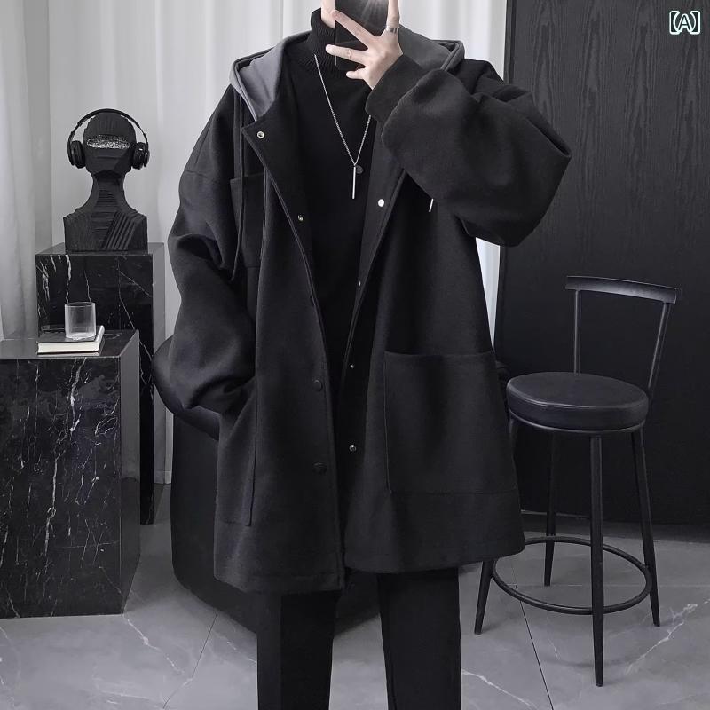 コート メンズ 男性用 秋冬 中綿 フード付き ウール 大衣 アウター 韓国 ゆったり ブラック 普段使い
