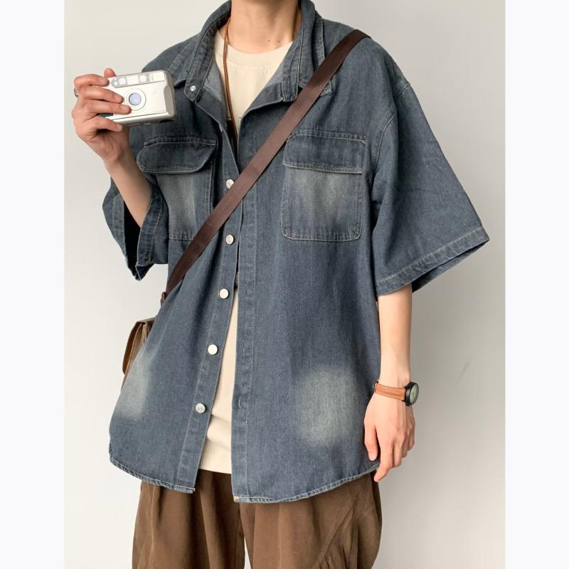 シャツ メンズ 男女兼用 半袖 デニム ウォッシュ加工 レトロ ワーク カジュアル トップス 黒 グレー 青 ブルー M L XL XXL 綿 春夏