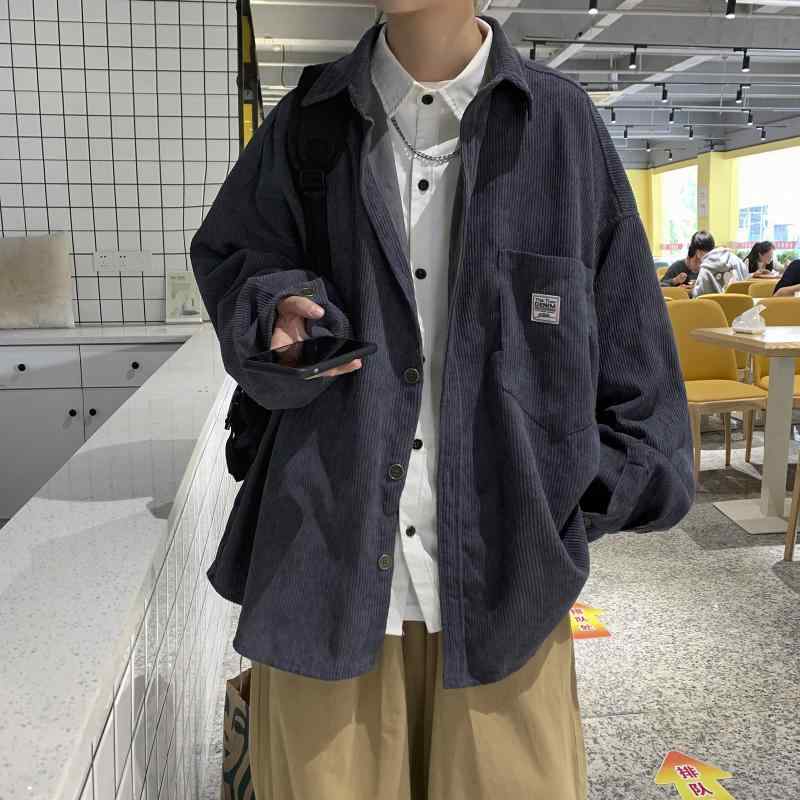 シャツ メンズ コーデュロイ 長袖 トップス ゆったり カジュアル 春秋 ブラック グレー カーキ ブルー