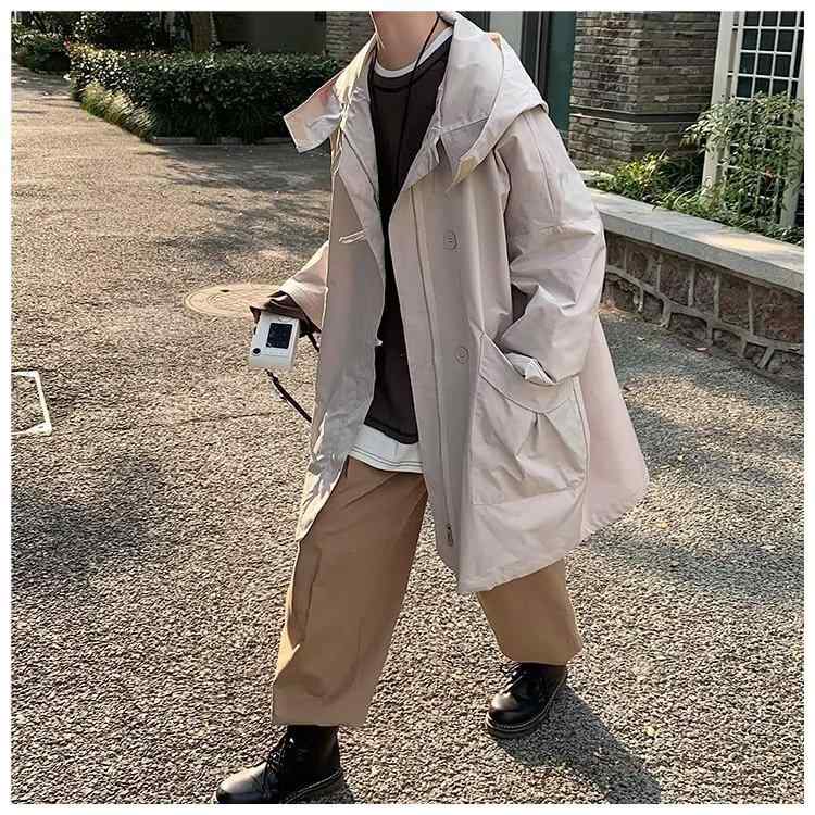 コート メンズ フード付き ミドル丈 ワーク ウェア ブルゾン ゆったり カジュアル 港風 イングリッシュスタイル 無地 春秋 薄手 長袖 黒 ブラック ベージュ(4.0)