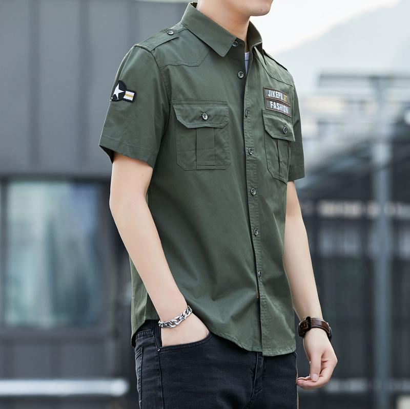 Long-Sleeve （Shape Holding） - シャツ メンズ 男性用 半袖 コットン トップス ミリタリー 軍隊風 カジュアル 大きいサイズ 深青 カーキ 普段使い
