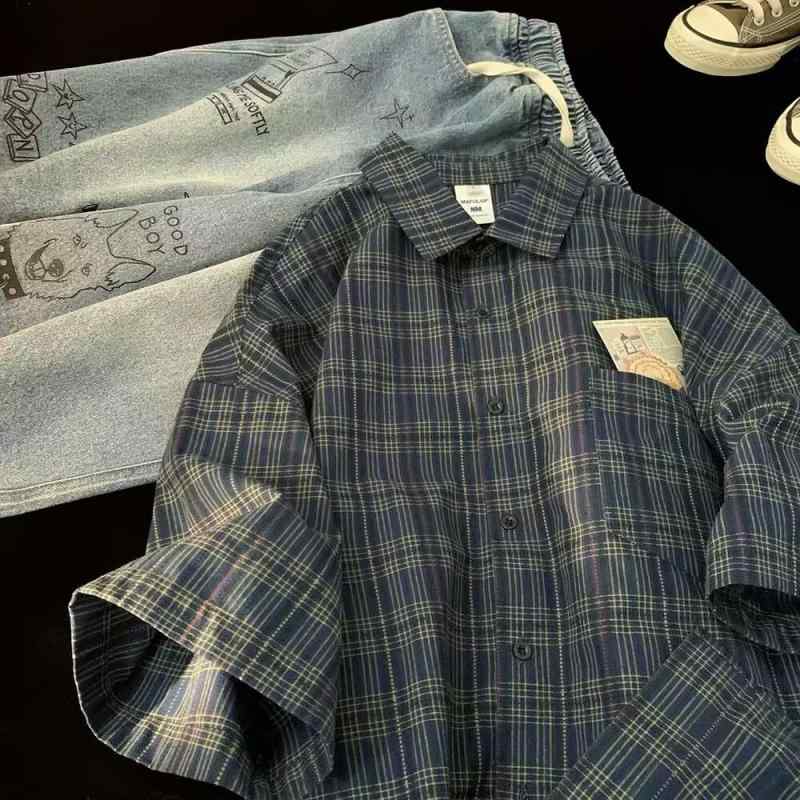 Short Sleeves （Shape Holding） - シャツ メンズ 長袖 レトロ チェック柄 カジュアル トップス ライトアウター 春秋 薄手 普段使い ポリエステル 混紡 ブラウン ブルー M L XL 2XL(x2)