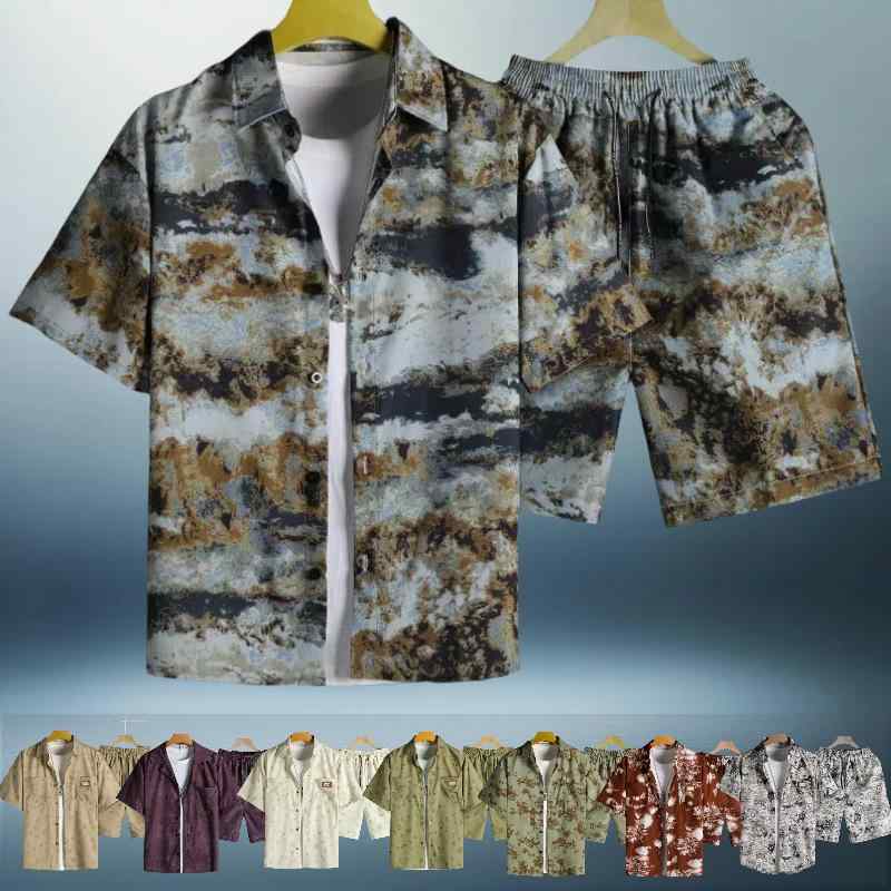 シャツ メンズ ルーズフィット フラワープリント 半袖 セットアップ リゾート ビーチ 薄手 ポリエステ..