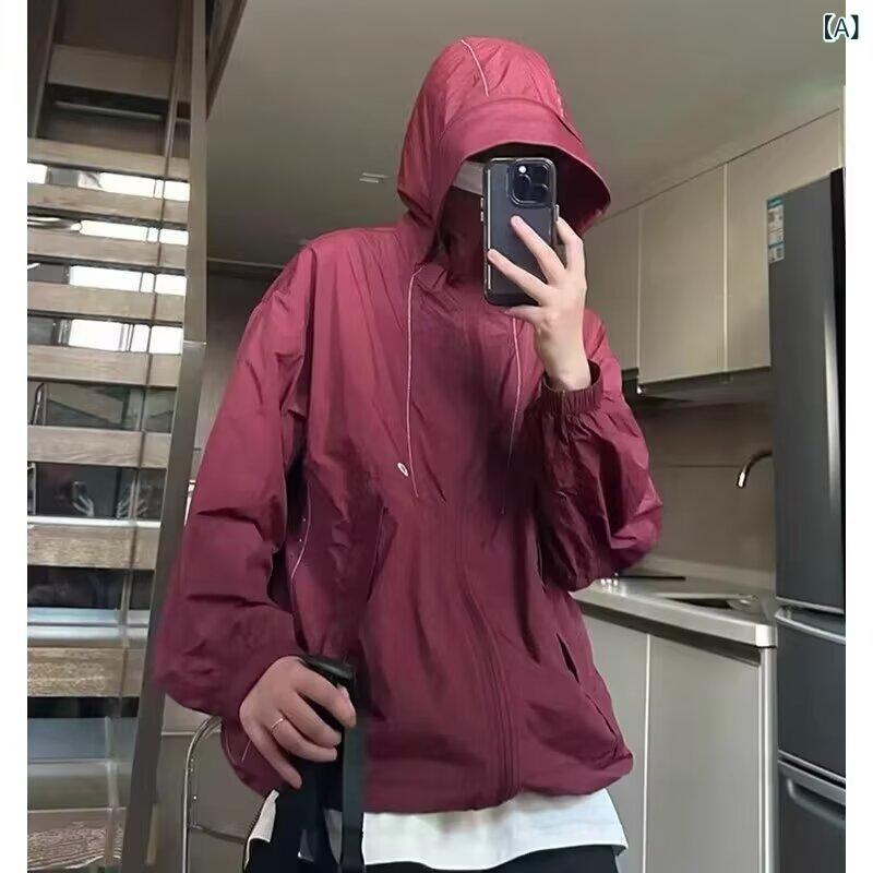 ジャケット 男性用 速乾 防晒 パーカー 薄手 フード付き ワークウェア アウトドア 登山 春夏 赤 グレー..